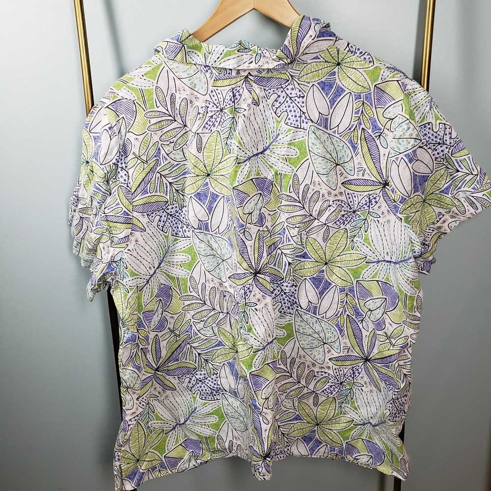 KIM ROGERS Top 2X Short 100% Linen Sleeve Button Up Printed Shirt - Picture 2 of 6